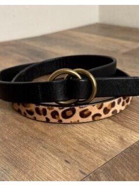 Lucky Brand Leopard Haircalf Belt Double Ring Brass Buckle Black Leather